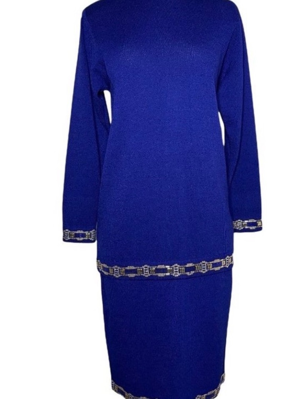 St. John Royal Blue Knit Skirt Set with Chain Trim